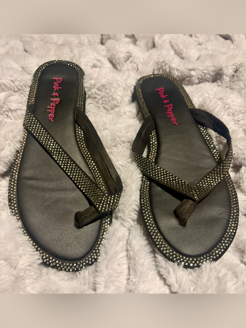 Pink & Pepper Black Rhinestone-Trim Flip Flop Sandals